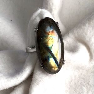Elongated Labradorite Oval Ring in Stainless Steel